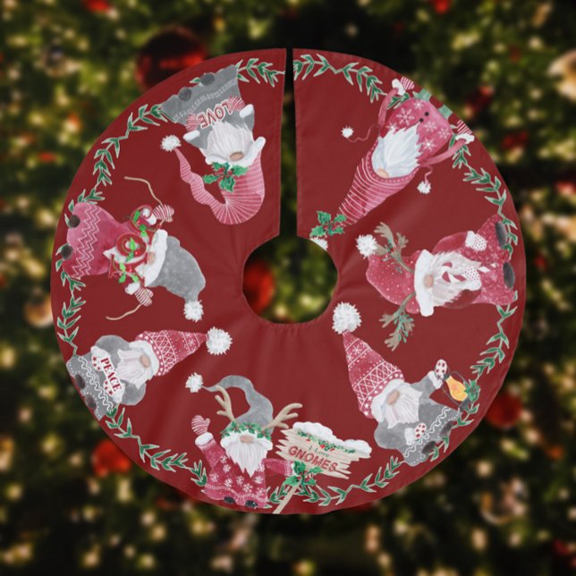 Red Christmas I Love Gnomes Whimsical Holiday Brushed Polyester Tree Skirt (Creator Uploaded)