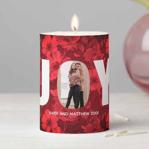 Red Christmas Joy Photo Floral Holiday Gift Pillar Candle