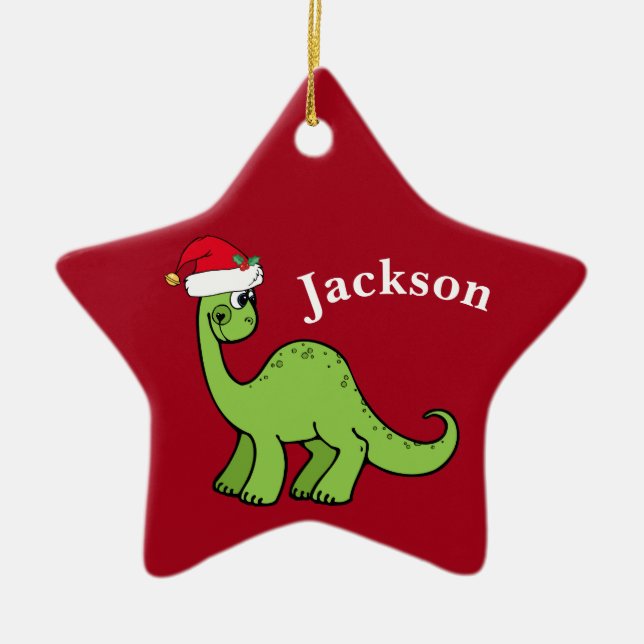 Red Christmas Kids Dinosaur Santa Star Custom Ceramic Ornament (Front)