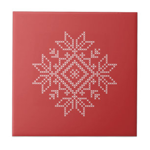 Red christmas knitted snowflake nordic art ceramic tile