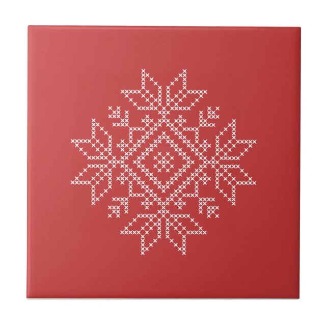 Red christmas knitted snowflake nordic art  ceramic tile (Front)