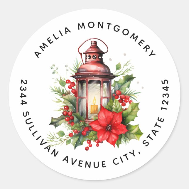 Red Christmas Lantern Poinsettia  - Address Classic Round Sticker (Front)