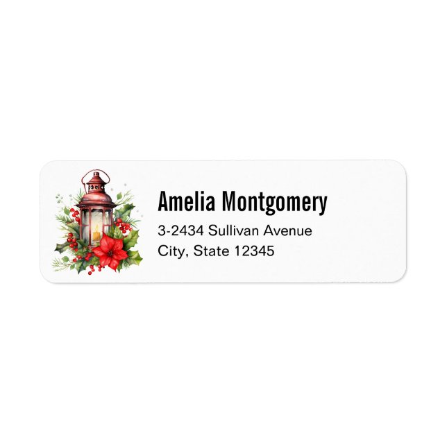Red Christmas Lantern Poinsettia - Address Label (Front)