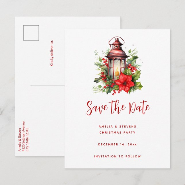 Red Christmas Lantern Poinsettia and Pine Announcement Postcard (Front/Back)