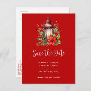 Red Christmas Lantern Poinsettia and Pine Announcement Postcard