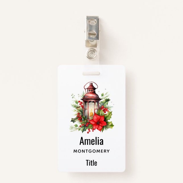 Red Christmas Lantern Poinsettia and Pine Badge (Front with Clip)