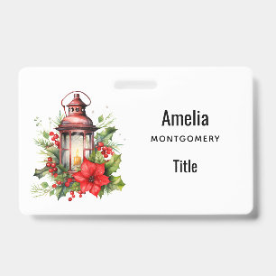 Red Christmas Lantern Poinsettia and Pine Badge