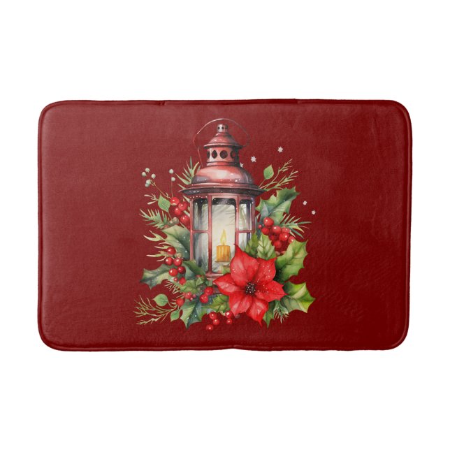 Red Christmas Lantern Poinsettia and Pine Bath Mat (Front)