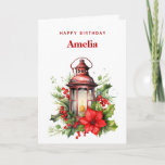 Red Christmas Lantern Poinsettia and Pine Birthday Card