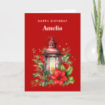 Red Christmas Lantern Poinsettia and Pine Birthday Card