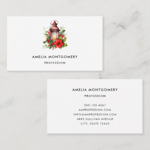 Red Christmas Lantern Poinsettia and Pine Business Card