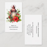 Red Christmas Lantern Poinsettia and Pine Business Card