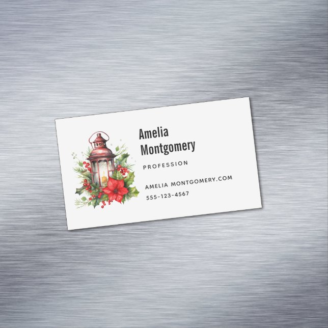 Red Christmas Lantern Poinsettia and Pine Business Card Magnet (In Situ)