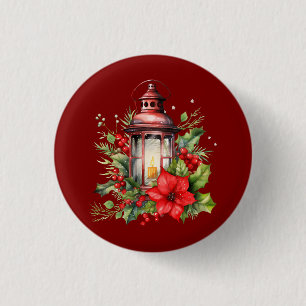Red Christmas Lantern Poinsettia and Pine Button