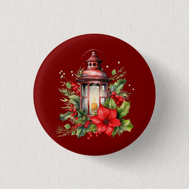 Red Christmas Lantern Poinsettia and Pine Button (Front)