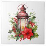 Red Christmas Lantern Poinsettia and Pine Ceramic Tile