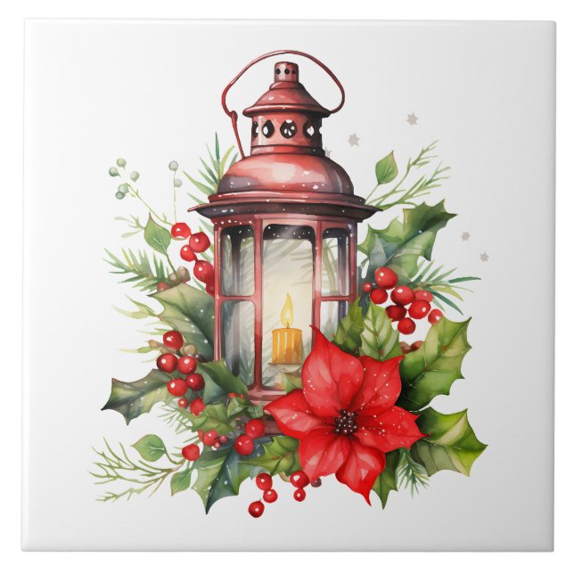 Red Christmas Lantern Poinsettia and Pine Ceramic Tile (Front)