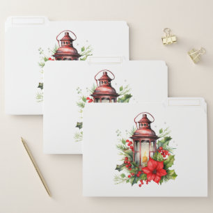 Red Christmas Lantern Poinsettia and Pine File Folder