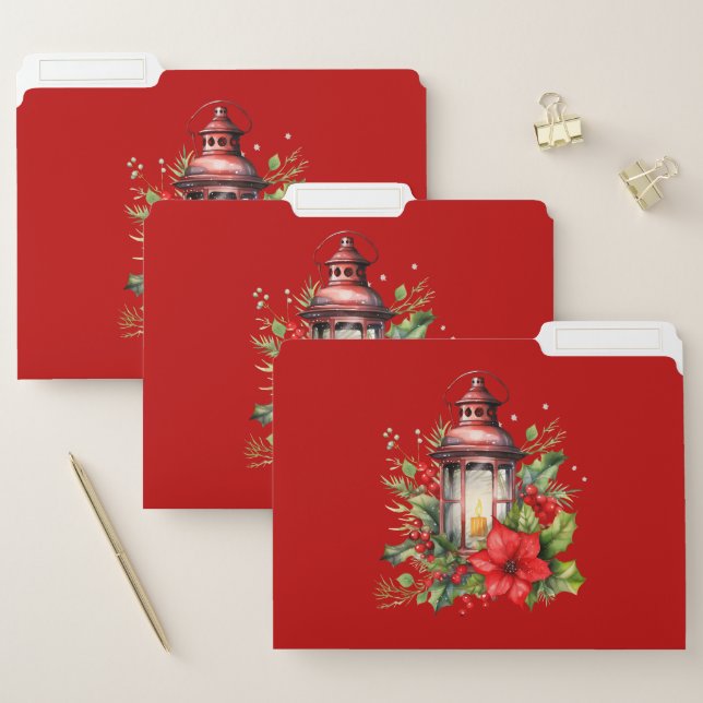 Red Christmas Lantern Poinsettia and Pine File Folder (Set)