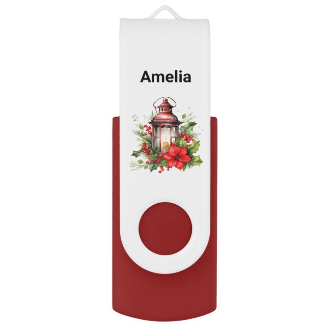Red Christmas Lantern Poinsettia and Pine Flash Drive (Front Vertical)
