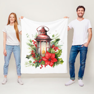 Red Christmas Lantern Poinsettia and Pine Fleece Blanket