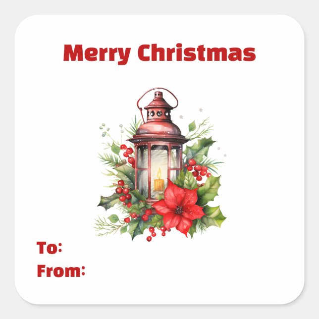 Red Christmas Lantern Poinsettia and Pine Gift Square Sticker (Front)
