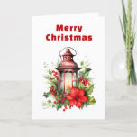 Red Christmas Lantern Poinsettia and Pine Holiday Card