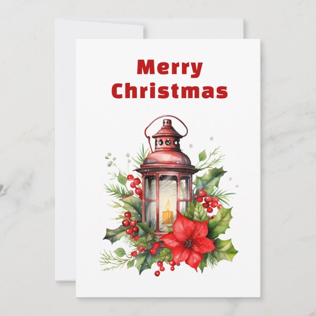 Red Christmas Lantern Poinsettia and Pine Holiday Card (Front)