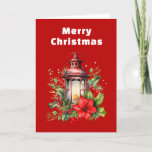 Red Christmas Lantern Poinsettia and Pine Holiday Card