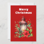 Red Christmas Lantern Poinsettia and Pine Holiday Card