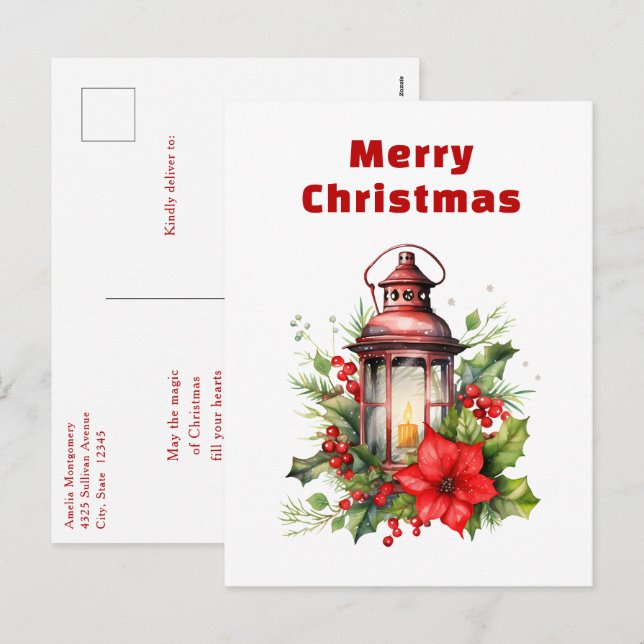 Red Christmas Lantern Poinsettia and Pine Holiday Postcard (Front/Back)