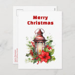 Red Christmas Lantern Poinsettia and Pine Holiday Postcard