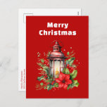 Red Christmas Lantern Poinsettia and Pine Holiday Postcard