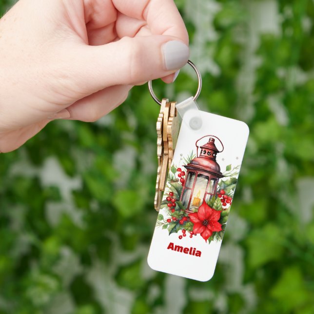 Red Christmas Lantern Poinsettia and Pine Keychain (Hand)
