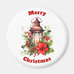 Red Christmas Lantern Poinsettia and Pine Magnet