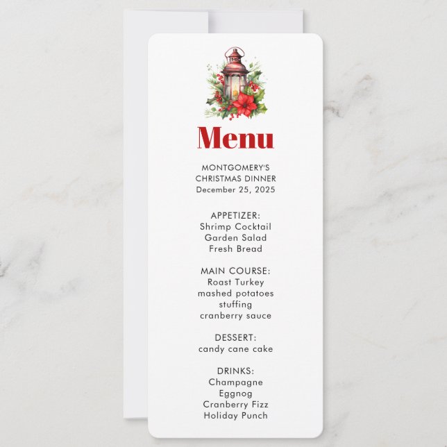 Red Christmas Lantern Poinsettia and Pine Menu Invitation (Front)