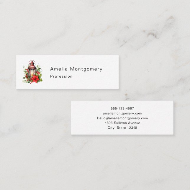 Red Christmas Lantern Poinsettia and Pine Mini Business Card (Front/Back)