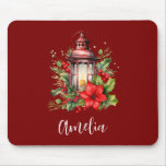 Red Christmas Lantern Poinsettia and Pine Mouse Pad