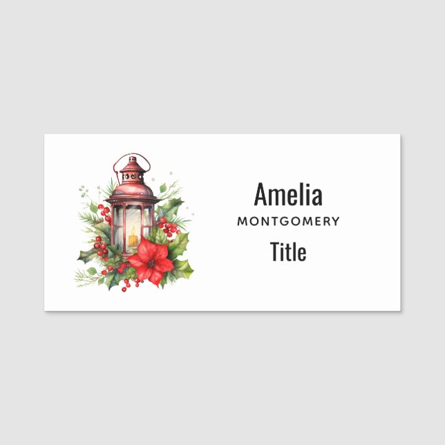  Red Christmas Lantern Poinsettia and Pine Name Tag (Front)