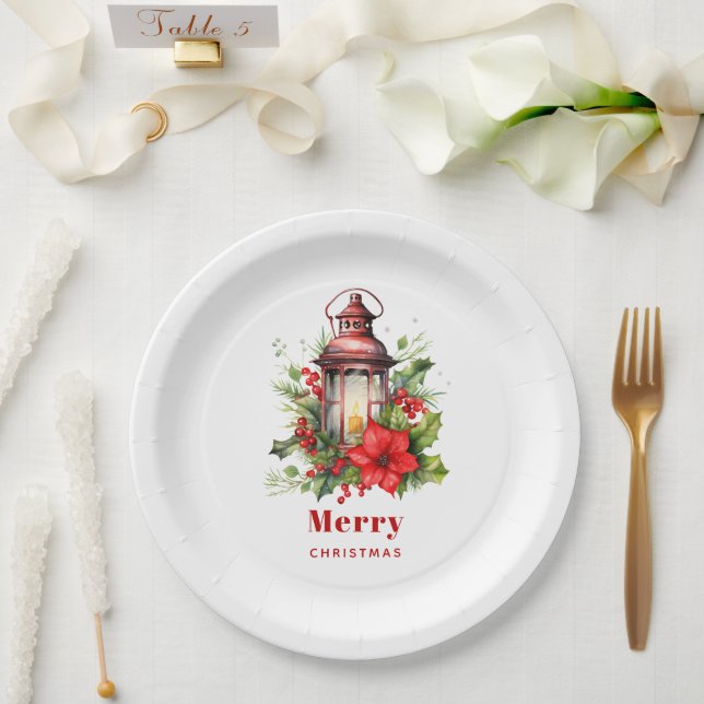 Red Christmas Lantern Poinsettia and Pine Paper Plates (Wedding)