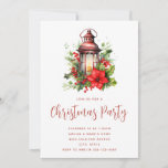 Red Christmas Lantern Poinsettia and Pine Party Invitation