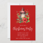 Red Christmas Lantern Poinsettia and Pine Party Invitation