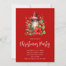 Red Christmas Lantern Poinsettia and Pine Party