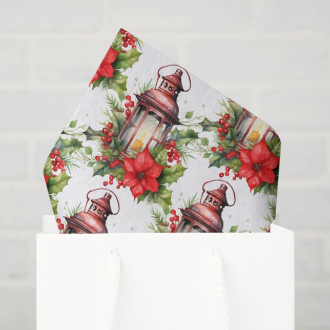 Red Christmas Lantern Poinsettia and Pine Pattern Tissue Paper (Gift Bag)