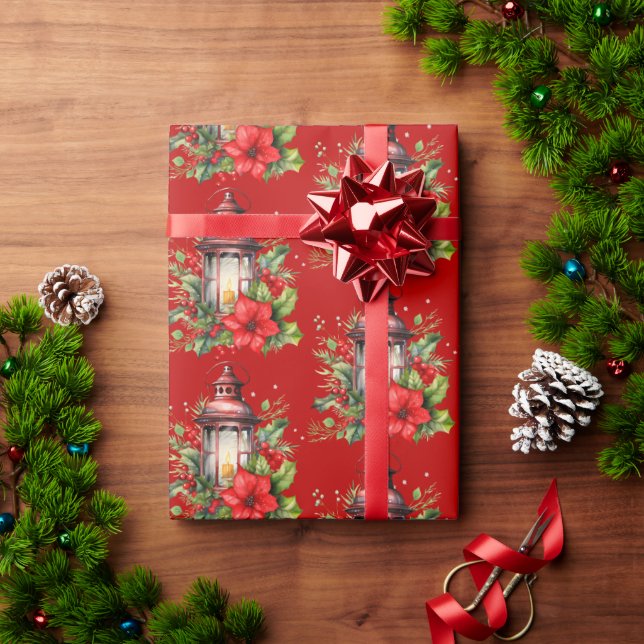 Red Christmas Lantern Poinsettia and Pine Pattern Wrapping Paper (Holiday Gift)
