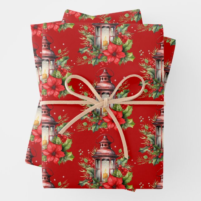 Red Christmas Lantern Poinsettia and Pine Pattern Wrapping Paper Sheets (In situ)