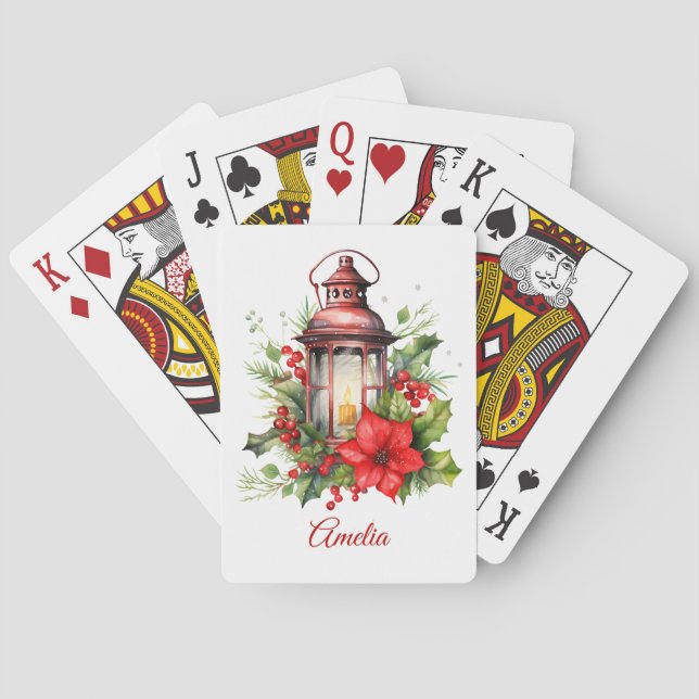  Red Christmas Lantern Poinsettia and Pine Poker Cards (Back)