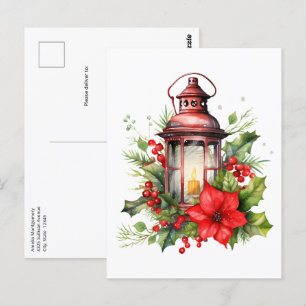 Red Christmas Lantern Poinsettia and Pine Postcard