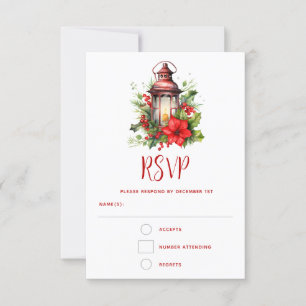 Red Christmas Lantern Poinsettia and Pine RSVP Card