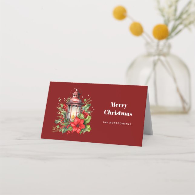 Red Christmas Lantern Poinsettia and Pine Small Place Card (Front)